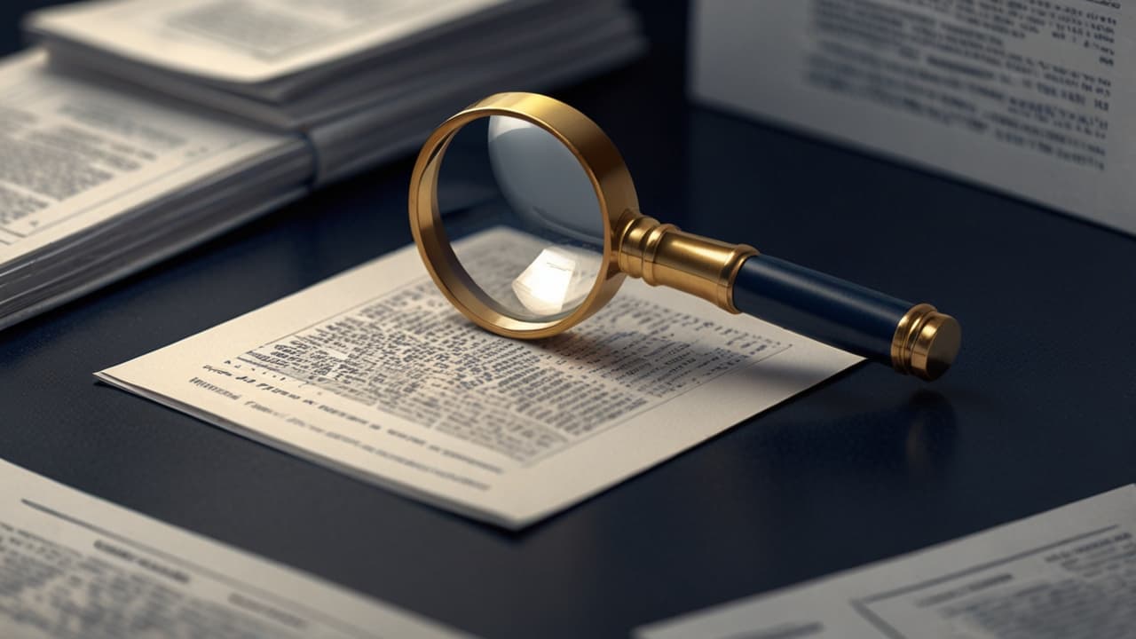 Isometric magnifying glass analyzing federal contract documents