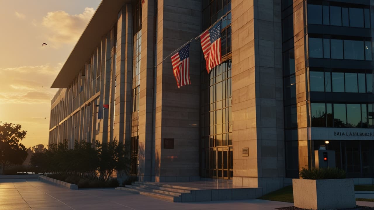 Federal building exterior with SDVOSB certification badge representing government contracting